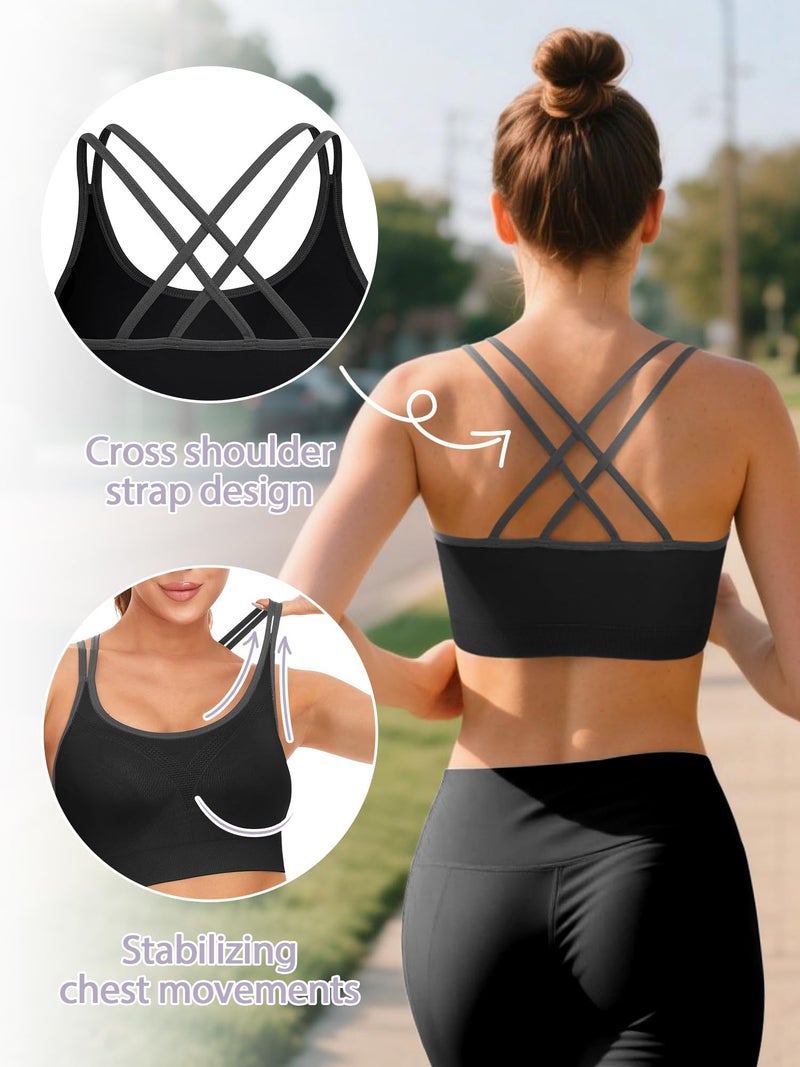 VEQKING 3 Pack Sports Bras for Women Medium Support Yoga Bra Strappy Cross Back Workout Tops with Removable Pads - Image 2